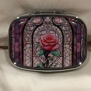 Rose Travel Pill Box 2 Compartment Decorative Medicine Pill Case Metal NEW